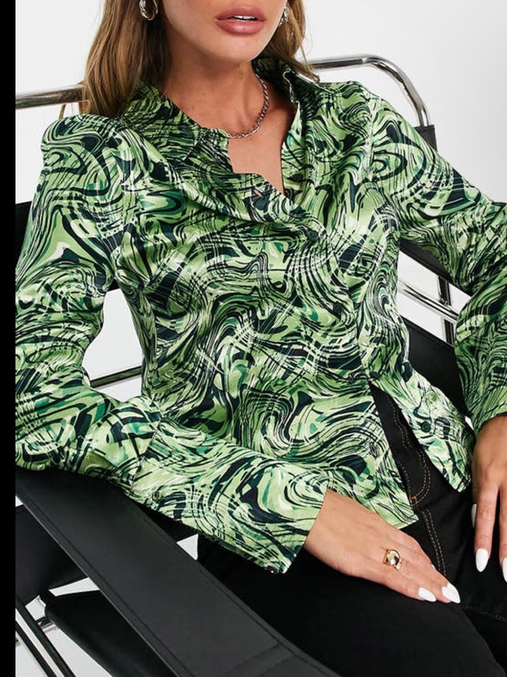 Topshop Green Swirl Satin Button-Up Shirt Blouse 8 Abstract Long Sleeve Cuff Y2K